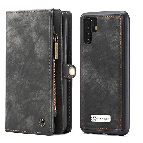 Huawei P30 Pro Wallet Case,Bpowe Zipper Purse Leather Shockproof TPU Bumper Detachable Magnetic Flip Case with Card Slots Stand Holder Case for Huawei P30 Pro (Black)