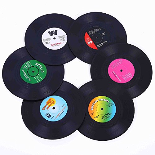 Coasters for Drinks with Gift Box - Set of 6 Colorful Retro Vinyl Record Disk Coasters with Funny Labels-Prevent Furniture from Dirty and Scratched-4.2 Inch