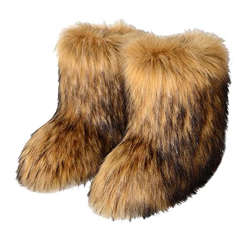 Furry Boots for Women Faux Fur Fluffy Snow Boots for Girls with Round Toe Solid Color Flat Heel Rubber Sole for Fashion Christmas Party Outdoor Gift