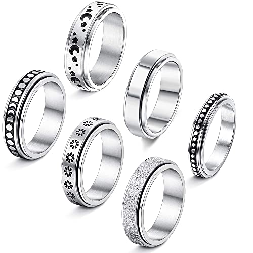 FIBO STEEL 6Pcs Stainless Steel Spinner Ring for Women Fidget Band Rings Moon Star Sand Blast Finish Ring Set for Stress Relieving Wedding Promise Size 5-13