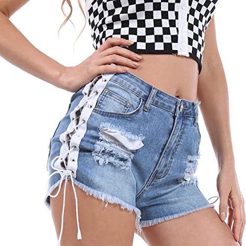 Womens Sexy Hole Denim Shorts Mid Rise Side Straps Lace Up Stretch Casual Mini Hot Pants