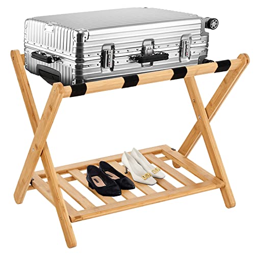Smart FENDEE Fully Assembled Luggage Rack for Guestroom with Shoe Shelf, Large Suitcase Racks, Bamboo Foldable Suitcase Stand for Hotel, Luggage Racks for Suitcases for Bedroom with Nylon Straps（Natural Color）