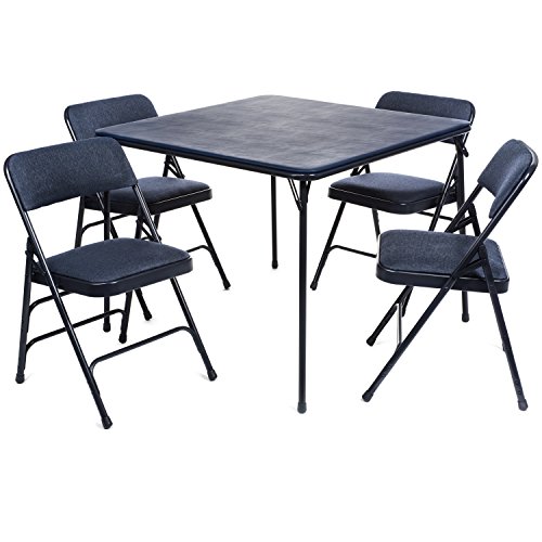 XL Series Folding Card Table and Fabric Padded Chair Set (5pc) - Comfortable Padded Upholstery - Fold Away Design, Quick Storage and Portability - Premium Quality (Navy Blue, Navy/Navy)