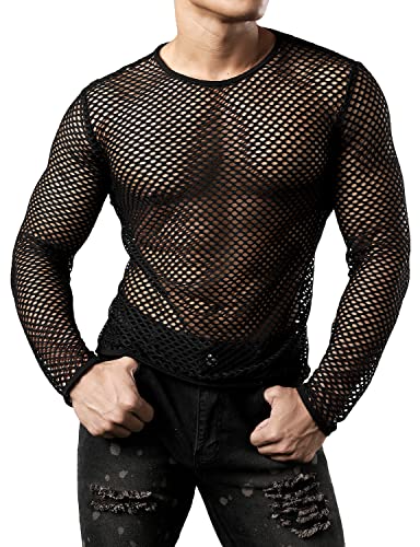 JOGAL Men's Mesh Fishnet Fitted Long Sleeve Muscle Top