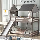 Twin Bunk Beds with Slide, Wood Bunk Beds with Roof and Guardrail for Kids, No Box Spring Needed (Antique Grey (with Ladder), Twin Over Twin)