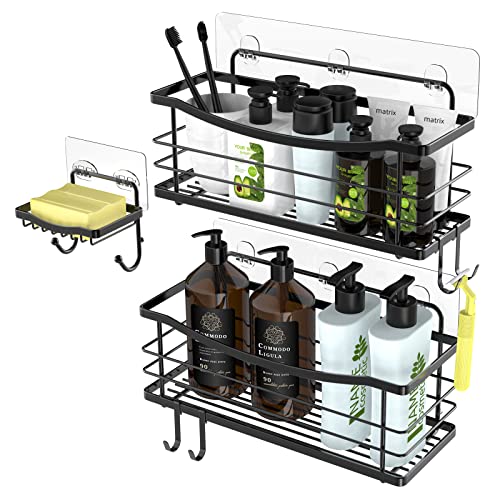 ODesign Adhesive Shower Caddy Basket Shelf with 4 Hooks for Shampoo Conditioner Razor Soap Dish Holder Kitchen Bathroom Organizer No Drilling Wall Mounted Stainless Steel Rustproof 3 Pack - Black