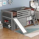 Twin Loft Bed with Slide and Storage Low Loft Bed Frame with Cabinet Drawers and Book Shelves, Wooden Loft Beds for Kids Boys Girls, Gray
