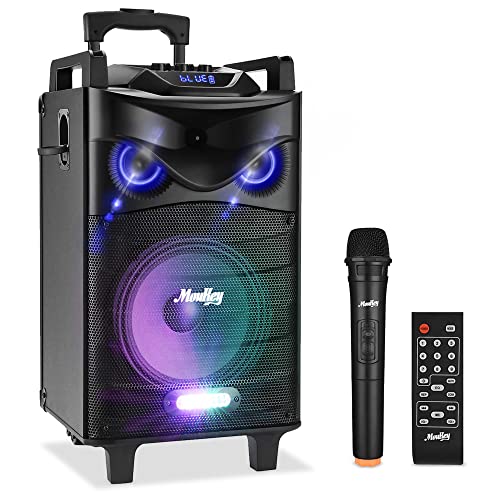 Moukey Karaoke Machine, Outdoor Speaker 10' Subwoofer PA System, Portable Bluetooth Speaker with Wireless Microphone, Remote, Disco Lights and Wheels, Bass Boost, Supports TWS/REC/AUX/MP3/USB/TF/FM