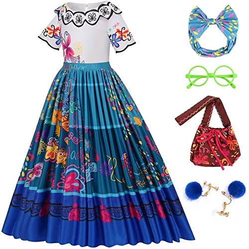 Kids Magic Family Costume Dress - Girls Madrigal Family Halloween Cosplay Outfit Clothe with Bag Glasses Earring Accesseries Blue
