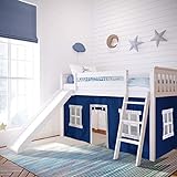 Max & Lily Low Loft Bed, Twin Bed Frame For Kids With Slide and Curtains For Bottom, White/Blue