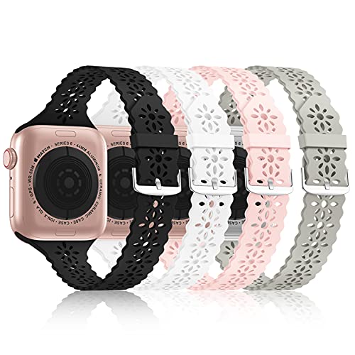 [Bandiction 4 Pack] Lace Silicone Bands Compatible with Apple Watch Band 38mm 40mm 41mm 42mm 44mm 45mm 49mm, Women Slim Thin Hollow-out iWatch Sport Wristband for iWatch Series SE 8 7 6 5 4 3 2 1