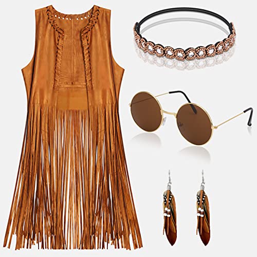 EVISWIY Hippie Costumes Clothes for Women 60s 70s Outfits Women Hippie Vest with Fringe Sleeveless Cardigan Faux Seude Tassels Vest Set (X-Small)