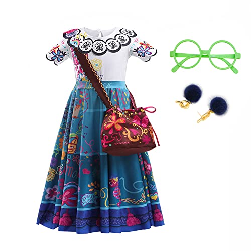 LZH Encanto Mirabel Costume Dress For Girls Cosplay Isabela Madrigal Princess Halloween Dress Up With Glasses Earrings