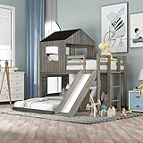 House Bed Bunk Beds with Slide, Wood Bunk Beds with Roof and Guard Rail for Kids, Toddlers, No Box Spring Needed