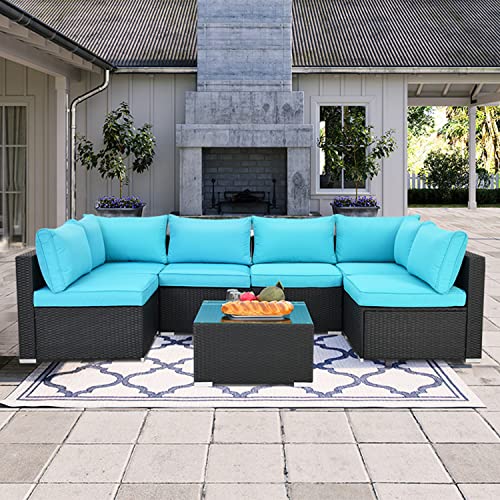 LAUSAINT HOME 7-Piece Patio Furniture Set, PE Rattan Wicker Outdoor All Weather Sectional Conversation Sets with Cushions, Outside Sofa with Tempered Glass Table for Garden Backyard (Blue-7PCS)