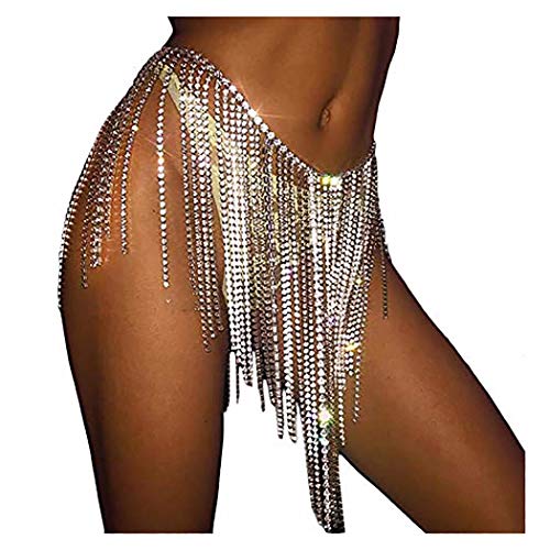 Fstrend Rhinestone Body Chains Crystal Dance Skirts Tassel Sexy Bikini Beach Chain Hip Waist Belts Fashion Nightclub Jewelry Accessories for Women and Girls (Gold)