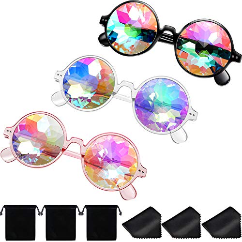 3 Pieces Kaleidoscope Rave Glasses Goggles Kaleidoscope Sunglasses Rainbow Prism Sunglasses Diffraction Glasses with Cloth for Party Festival Decoration Favors