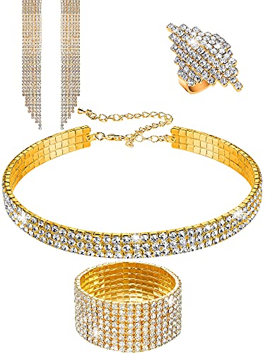 Women Rhinestone Stretch Bracelet Bangle Crystal Rhinestone Necklace Ring Dangle Fringe Earrings