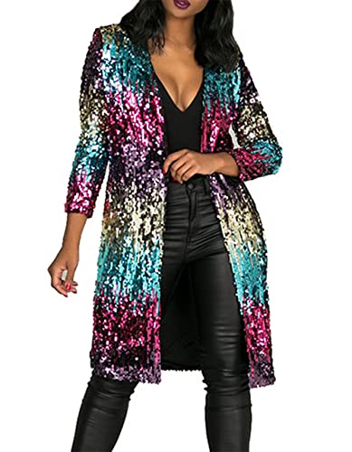RED DOT BOUTIQUE - 610 - Long Sleeves Full Sequins Open Front Cardigan Cover-up Jacket Coat (Multi Color, L)