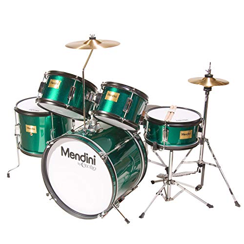 ﻿﻿﻿Mendini By Cecilio Kids Drum Set - Starter Drums Kit with Bass, Toms, Snare, Cymbal, Hi-Hat, Drumsticks & Seat - Musical Instruments Beginner Sets, Green Drum Set