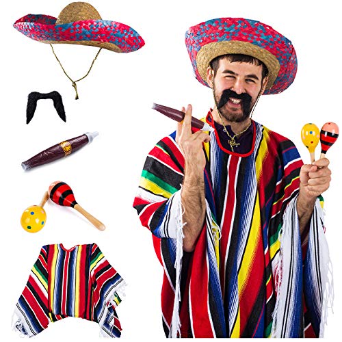 Tigerdoe Mexican Costume - Sombrero, Serape Poncho, Cigar, Mustaches, Maraca - Mexican Fiesta