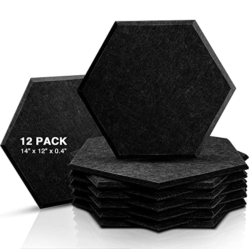Sonic Acoustics 12 Pack Hexagon Acoustic Panels, 14' X 12' X 0.4' High Density Sound Absorbing Panels Sound proof Insulation Beveled Edge Studio Treatment Tiles (Black)