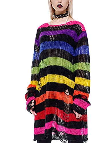 Peaceglad Womens Oversized Goth Punk Ripped Striped Long Sleeve Pullover Sweater Dress Tops