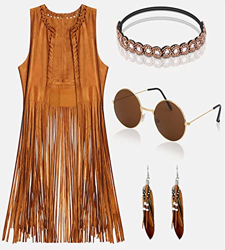 EVISWIY Hippie Costumes Clothes for Women 60s 70s Outfits Women Hippie Vest with Fringe Sleeveless Cardigan Faux Seude Tassels Vest Set (X-Small)