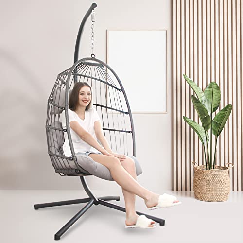 RADIATA Foldable Wicker Rattan Hanging Egg Chair with Stand, Swing Chair with Cushion and Pillow, Lounging Chair for Indoor Outdoor Bedroom Patio Garden (Gary)