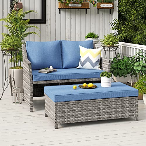 OC Orange-Casual 2-Piece Outdoor Patio Furniture Wicker Love-seat and Coffee Table Set, with Built-in Storage Bin, Grey Rattan, Navy Blue Cushions