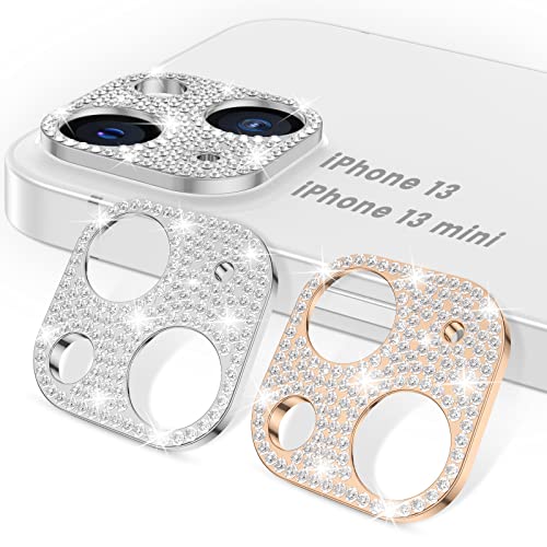 [2 Pack] Goton Bling Camera Lens Protector Compatible with iPhone 13 & 13 Mini Glitter Diamond Crystal Metal Lens Protective Decoration Cover Accessories for 13/13 mini Silver+Rose Gold