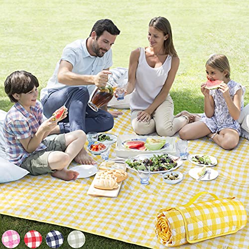 ZAZE Extra Large Picnic Blankets, 80''x80'' Washable Waterproof Foldable Oversized Compact Picnic Mat for Spring Summer Blanket Beach, Camping on Grass (Yellow and White)