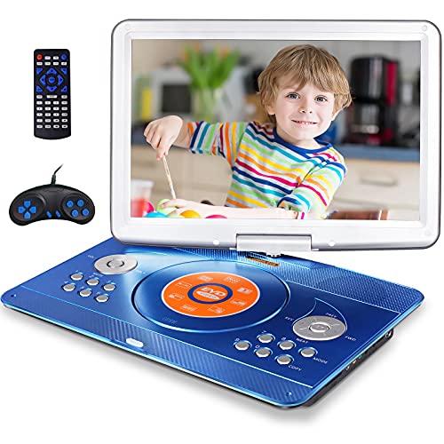 JEKERO 16.9' Portable DVD Player with 14.1' Large Swivel Screen, DVD Player Portable with 6 Hrs Rechargeable Battery, Mobile DVD Player for Kids, Sync TV, Support USB SD Card with Car Charger (Blue)