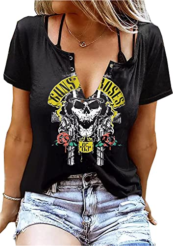 Guns N' Roses Skull Shirt for Women Vintage Skeleton Graphic Rock Music Tees Short Sleeve V-Neck T-Shirt Tops