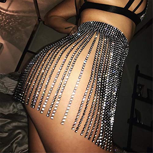 Earent Belly Dance Hip Skirt Rhinestone Tassel Waist Chain Sparkly Crystal Hip Scarf Rave Costume Body Chain Nightclub Party Skirts Fringe Body jewelry for Women and Girls (A-Black)