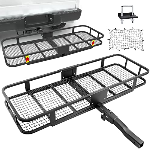Hitch Mount Cargo Carrier with Cargo Net and Anti-Rattle Stabilizer 60' x 21' x 6' Folding Cargo Basket with 500 LB Max Capacity Fits 2' Receiver for Car SUV Pickup (USPTO Patent Pending)