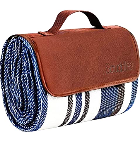 Extra Large Picnic & Outdoor Blanket Dual Layers for Outdoor Water-Resistant Handy Mat Tote Spring Summer Blue and White Striped Great for The Beach