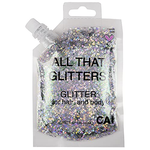 CAI BEAUTY NYC Silver Glitter | Easy to Apply, Easy to Remove Chunky Glitter for Body, Face and Hair | Bag Pouch | Holographic Cosmetic Grade Glamour