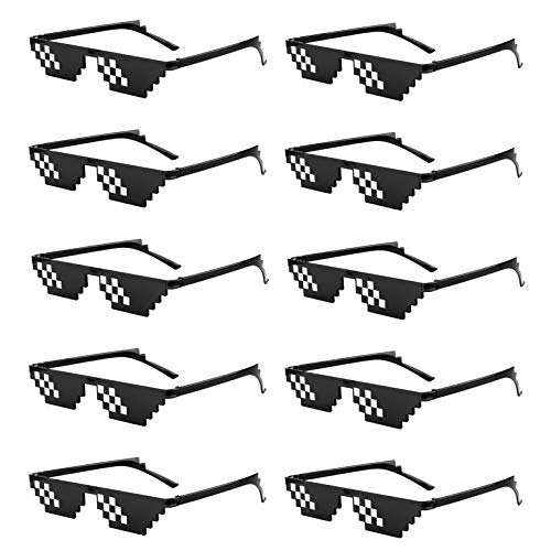 SUNOVELTIES 10 Pack Thug Life Party Sunglasses 8 Bit Pixelated Tiny Mosaic Gamer MLG Photo Props Glasses for Adults Teens