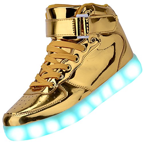 Odema Women High Top USB Charging LED Shoes Flashing Sneakers, Gold, 4.5 B(M) US
