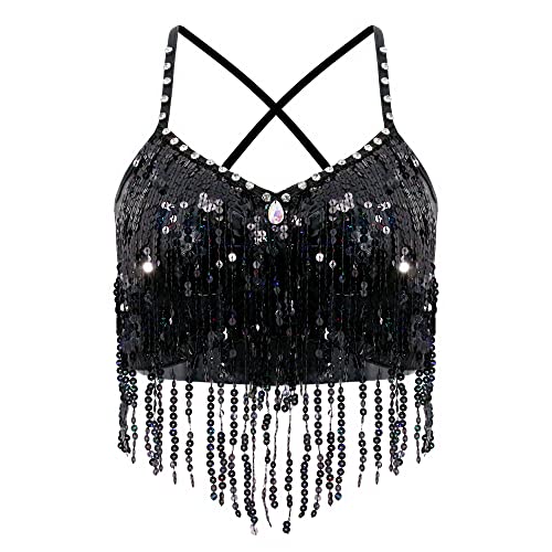 Mocure Womens Glitter Sequin Butterfly Crop Top Low-Cut Tank Top Rave Tube Vest Top for Belly Dance Costume Outfits