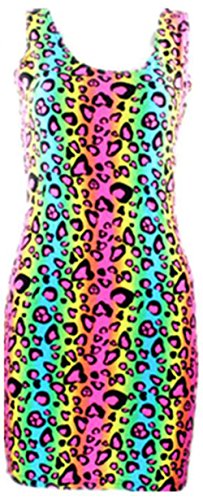 Neon Multi Colored Cheetah Animal Print Tube Bodycon Party Dress Costume (XS, Multicolor)