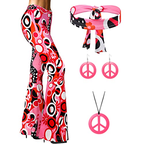 SATINIOR 70s 80s Women Hippie Costume Set, Bell Bottom Flared Pant for Halloween Cosplay