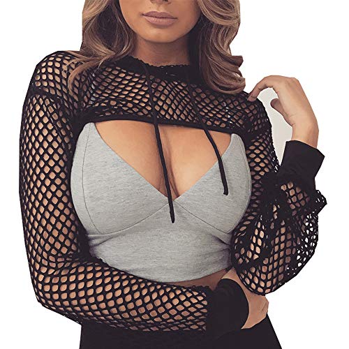 Smile Fish Women Casual Sexy 80s Costumes Concert Fishnet Neon Crop Hoodies T-Shirt