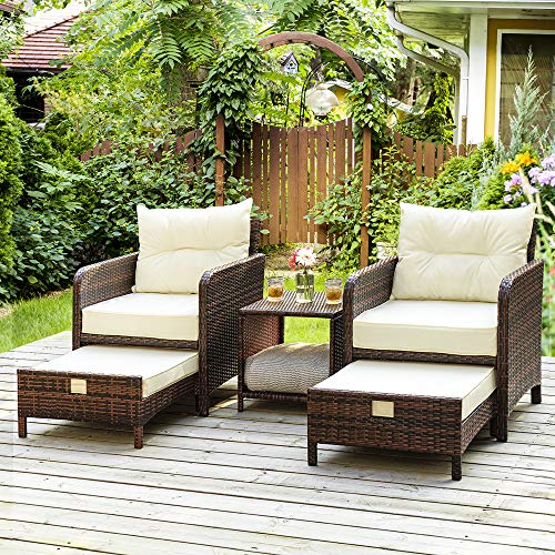 Pamapic 5 Pieces Wicker Patio Furniture Set Outdoor Patio Chairs with Ottomans Conversation Furniture with coffetable for Poorside Garden Balcony(Beige)