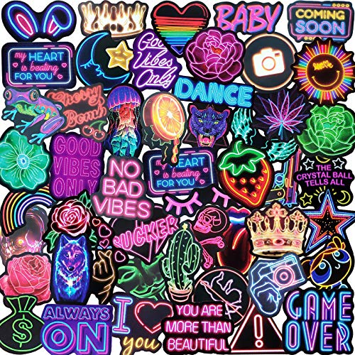 Neon Stickers Pack 50pcs Waterproof Laptop Sticker Vinyl Decals for Kids Phone Case Water Bottle Stickers for Teens Girls Adults Cool Aesthetic Skateboard Stickers