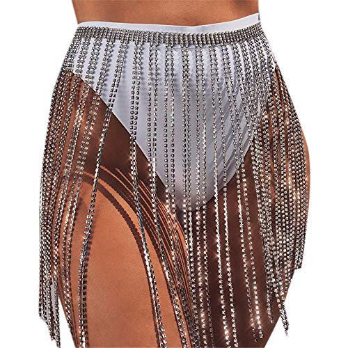 RARITYUS Women Sexy Rave Glitter Rhinestone Tassel Body Chains Skirt Waist Belt Jewelry for Party Festival Dance Nightclub