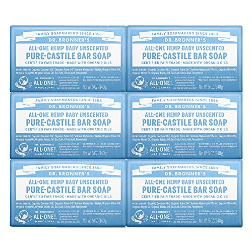 Dr. Bronner’s - Pure-Castile Bar Soap (Baby Unscented, 5 oz, 6-Pack) -Made with Organic Oils, For Face, Body & Hair, Gentle for Sensitive Skin & Babies, No Added Fragrance,Biodegradable,Vegan,Non-GMO