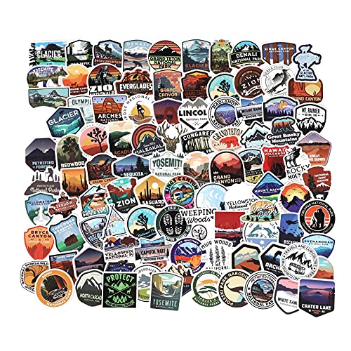 National Park Sticker Pack Set 100 pcs, Outdoor Nature Adventure Hiking Camping Wilderness Stickers, Waterproof Vinyl Travel Stickers Decals for Water Bottle Laptop Car Bumper Luggage Phone Case Bike