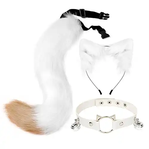 QinRuan Cat Ears and Wolf Fox Animal Tail Cosplay Costume Faux Fur Hair Clip Headdress Halloween Leather Neck Chocker Set